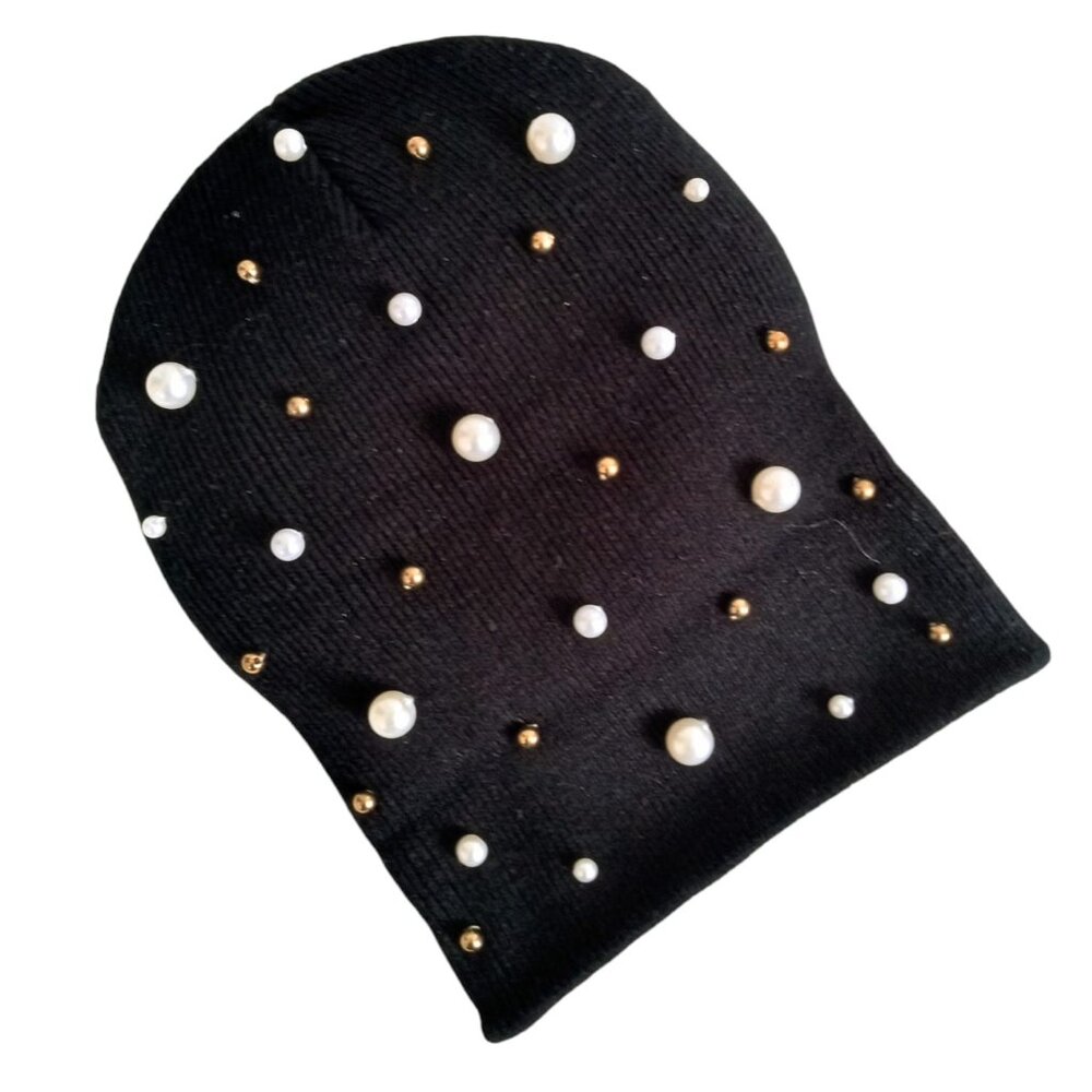 New Women's Embellished Beanie Beaded Knit Black Cap One Size
